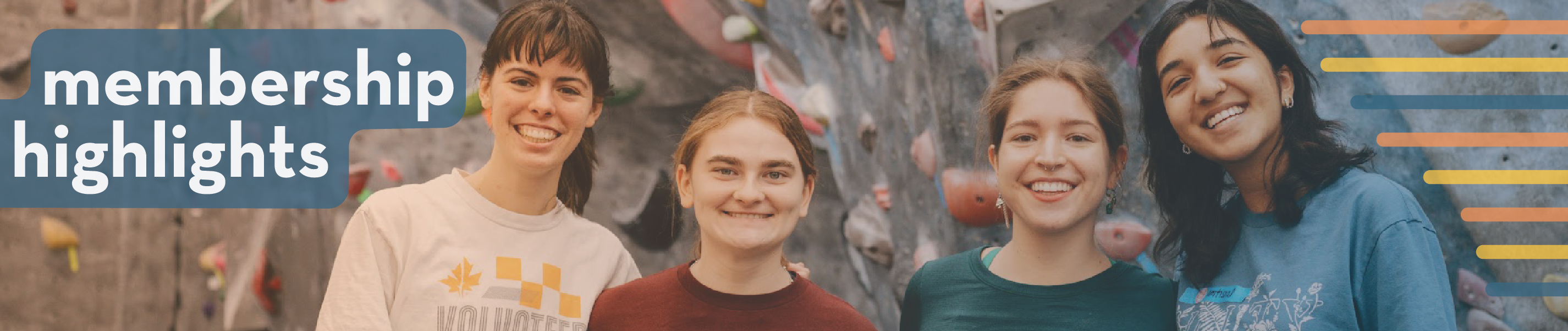 four smiling students standing in front of rock climbing wall with text "membership highlights"