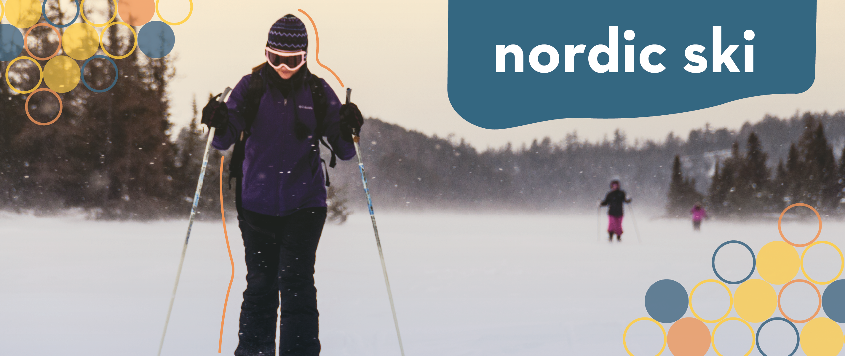 a header of an individual Nordic skiing with a sun set behind them with the title "nordic ski"