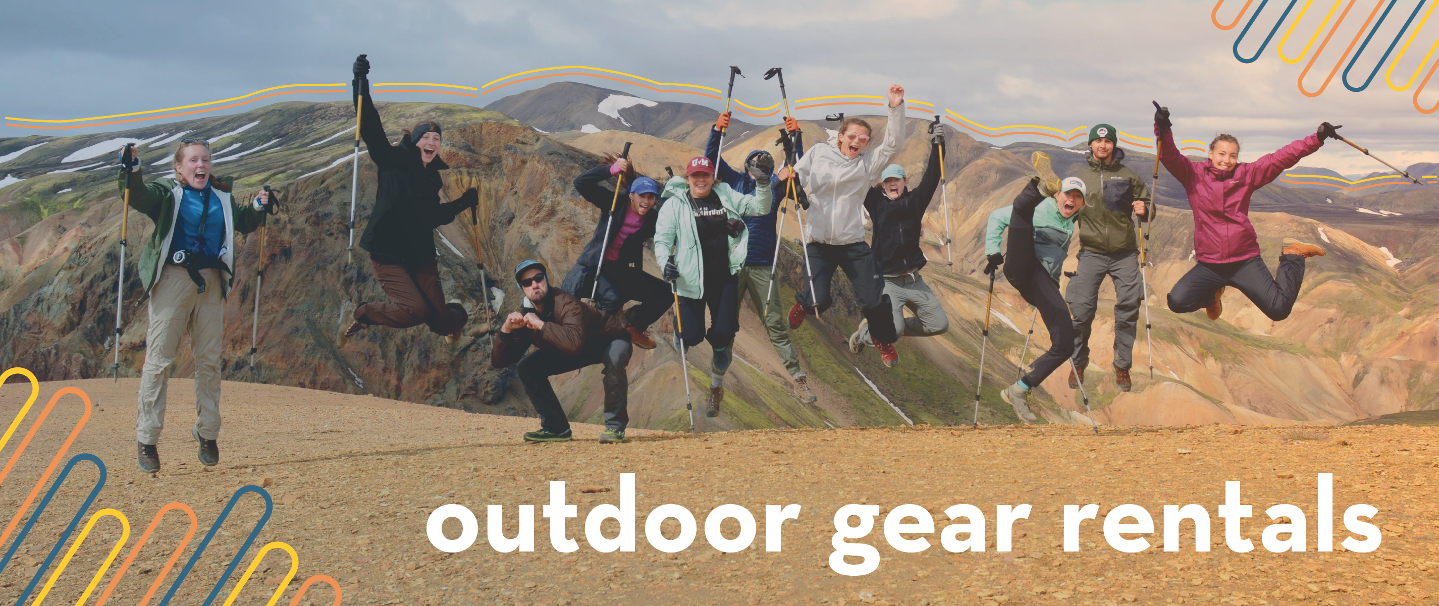 header including a Group of people jumping with backpacks on and a mountain in the background with the title "outdoor gear rentals"