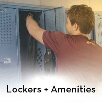 Lockers + Amenities text image of student reaching into locker