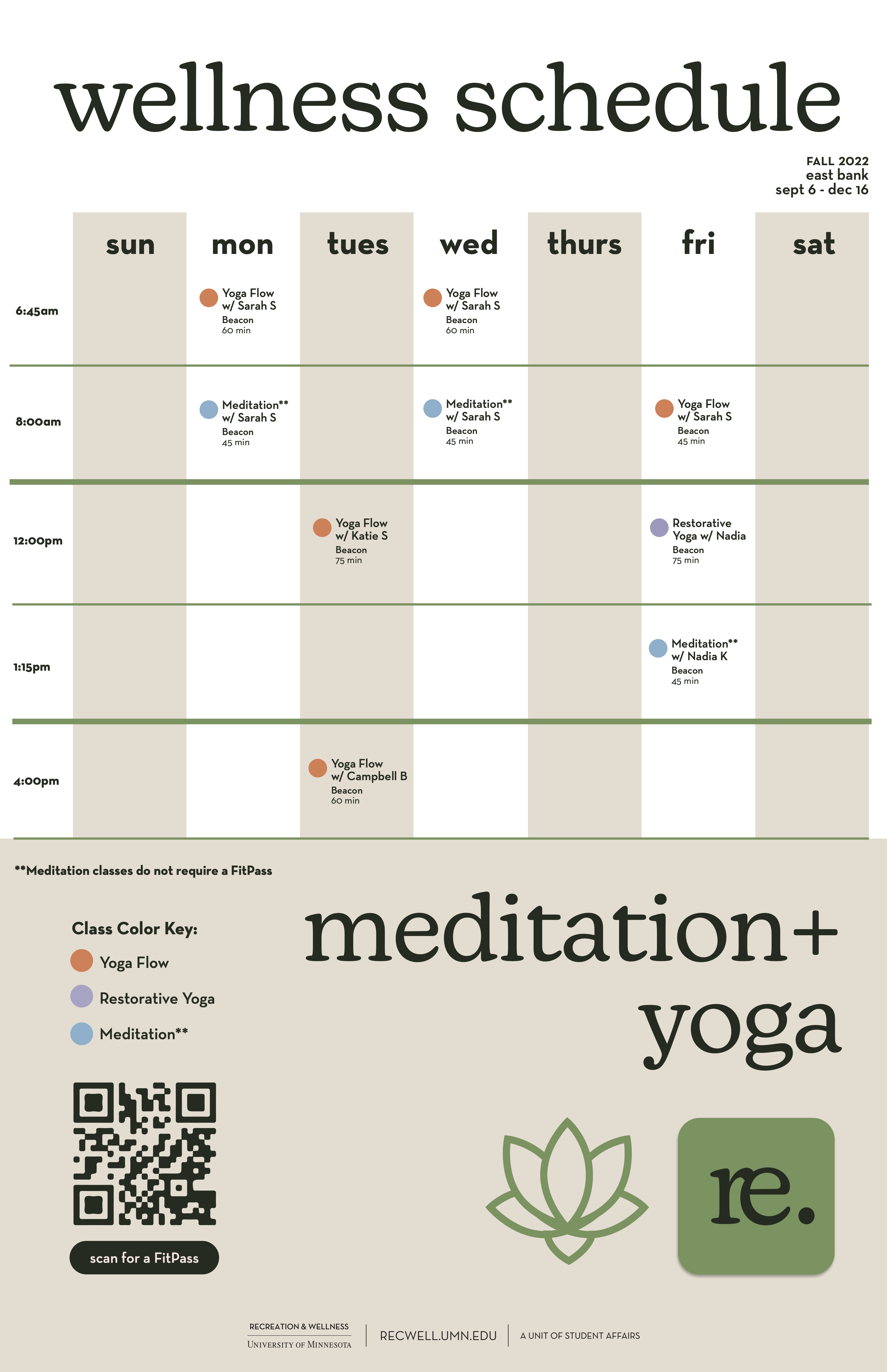 Fall 2022 Wellness schedule for meditation and yoga classes at RecWell