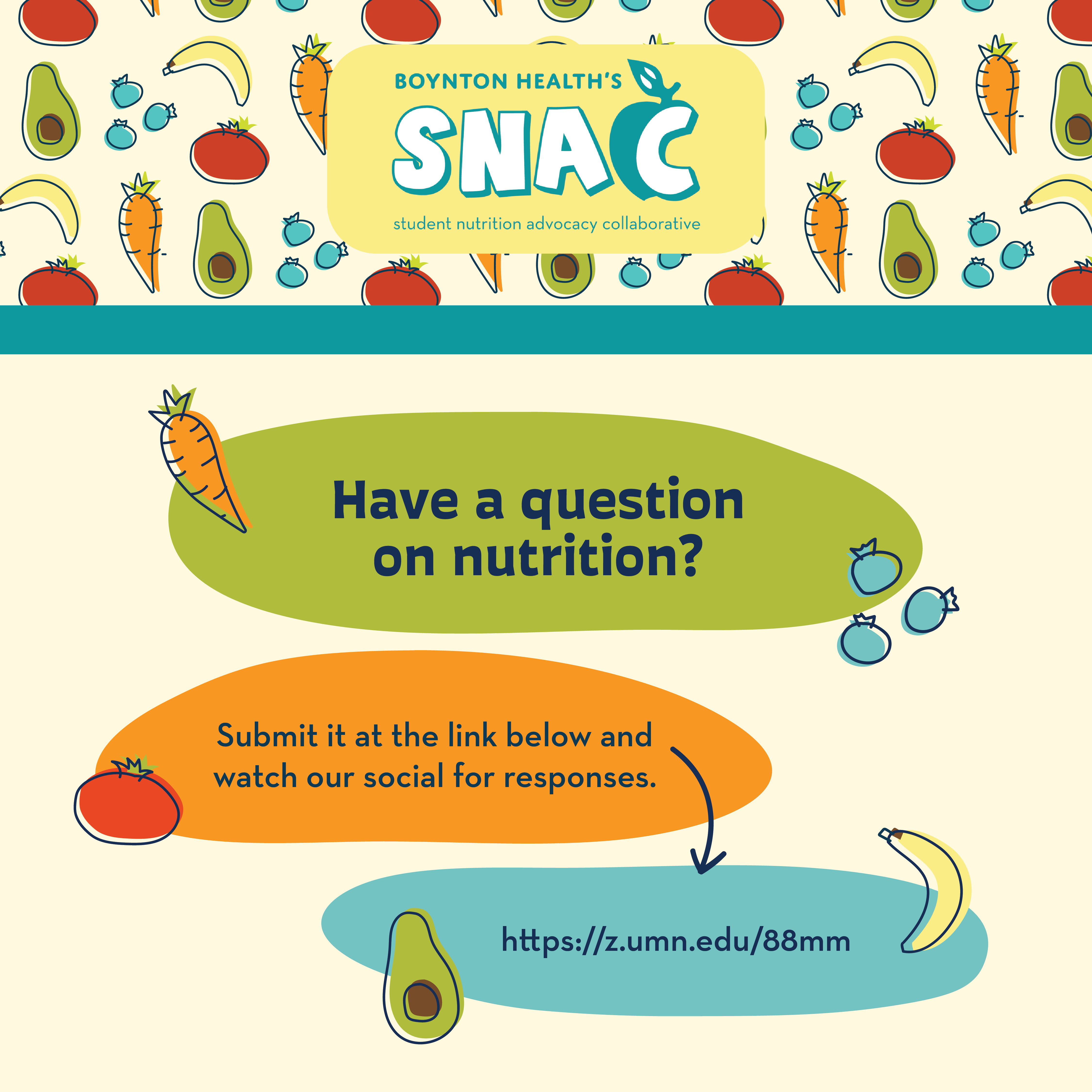 graphic with the text "SNAC" and fruit graphics with a link to ask nutrition questions