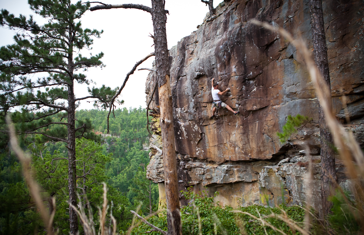 image of a person rock climbing in a wooded area