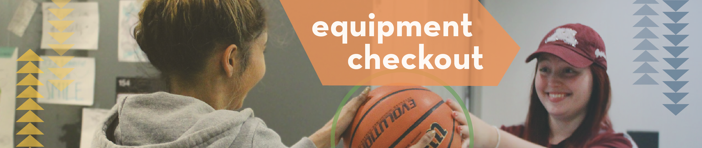 image of a student checking out a basketball from the equipment room with the header "equipment checkout"