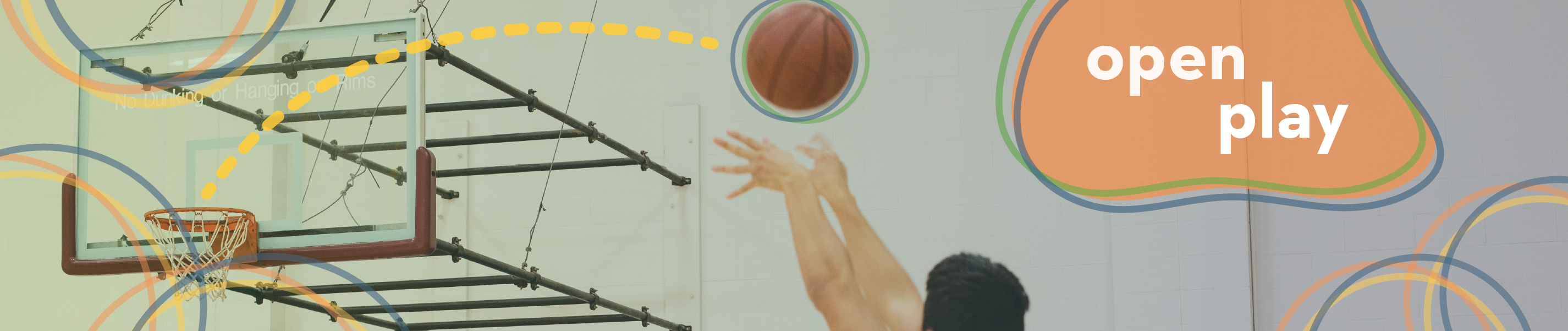 image of a person shooting a basket in the north gym with small illustrations and the header "open play"