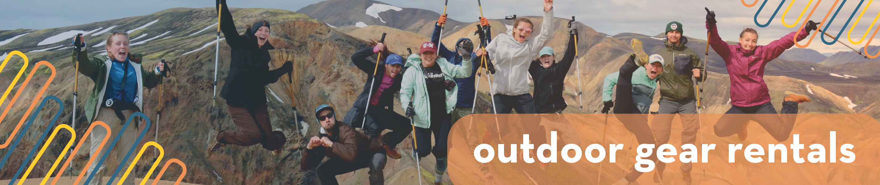 header including a Group of people jumping with backpacks on and a mountain in the background with the title "outdoor gear rentals"