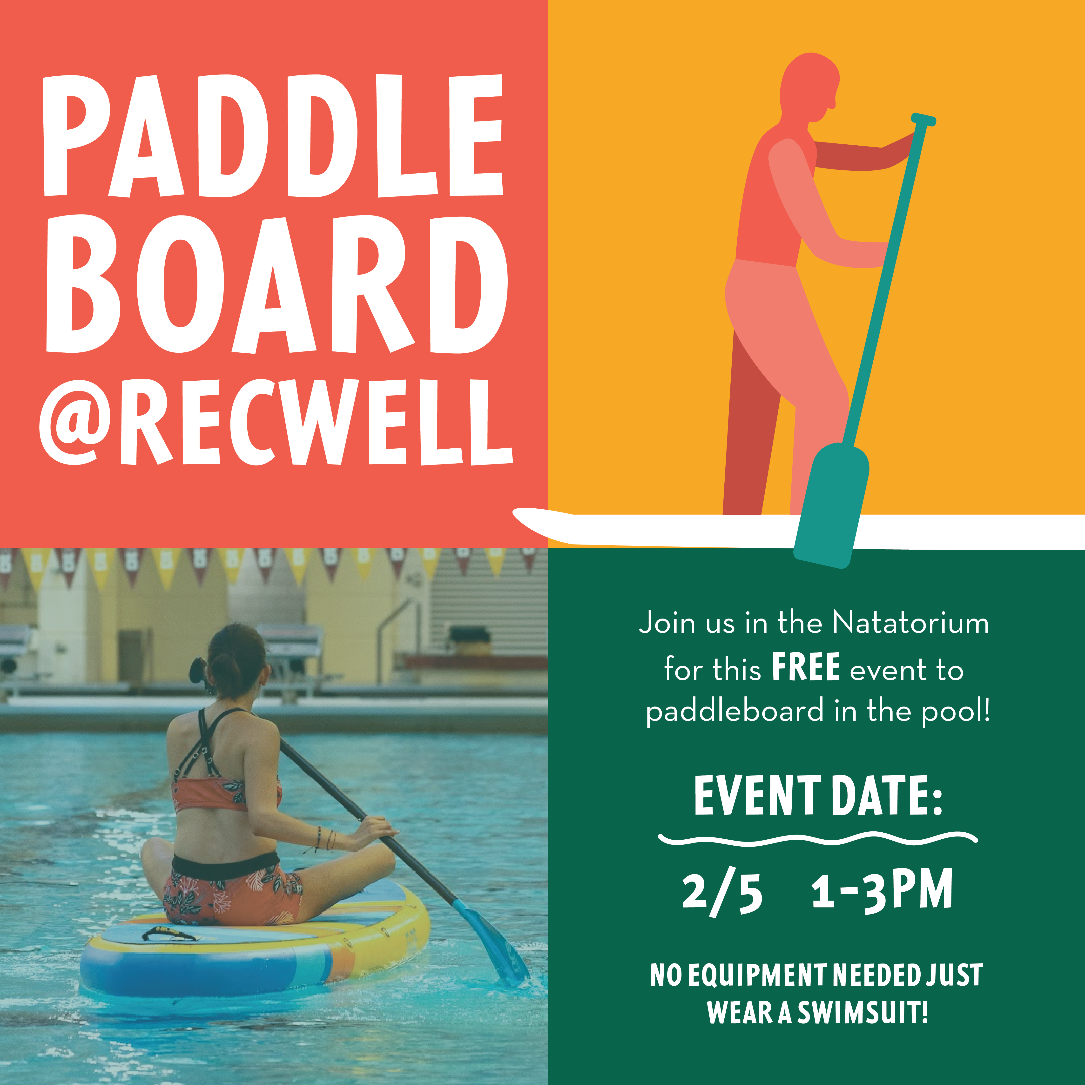 graphic promoting the paddle boarding events at RecWell with an illustration and image from a previous event
