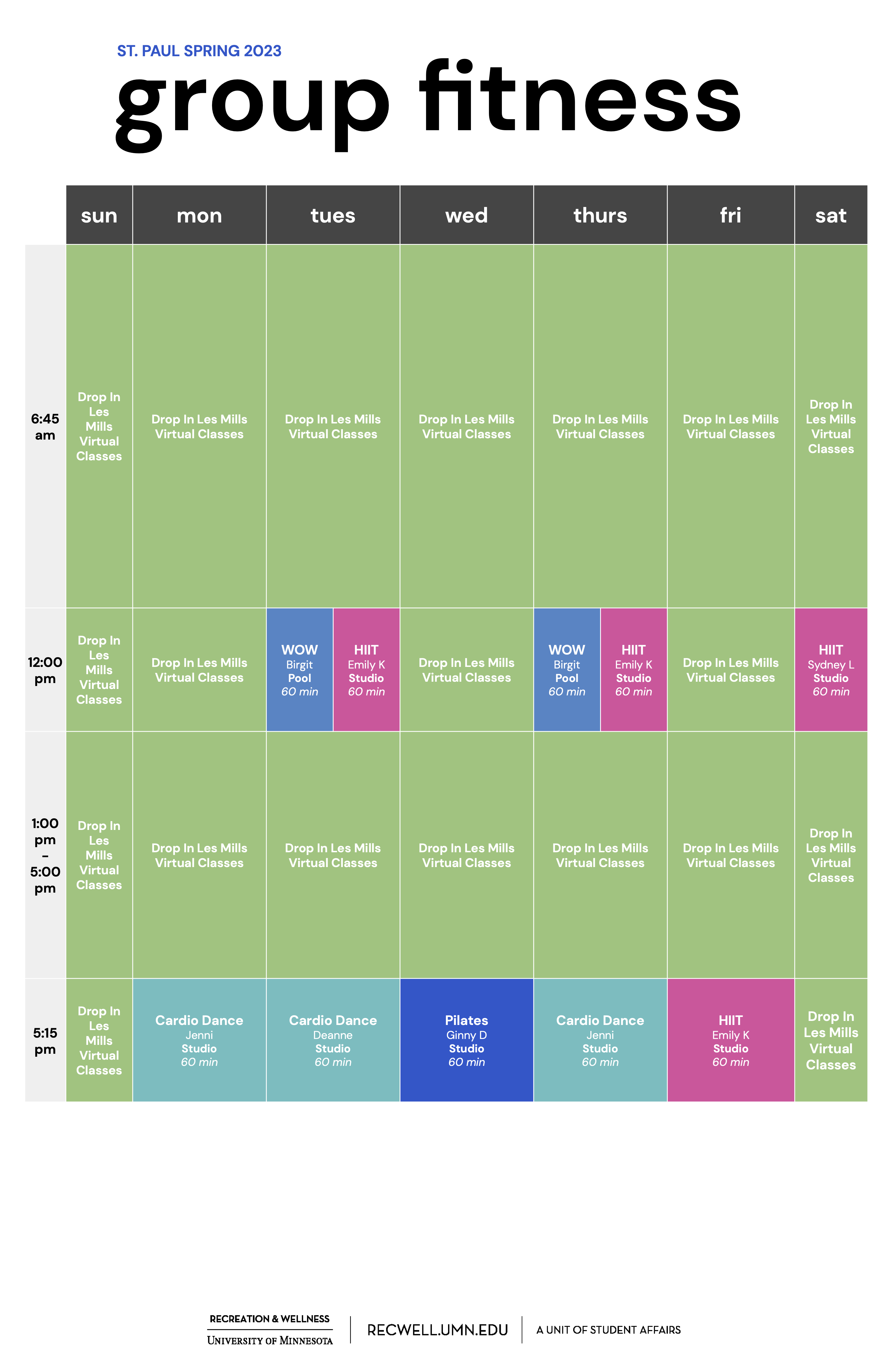 graphic schedule of the st. paul gym group fitness schedule for spring 2023