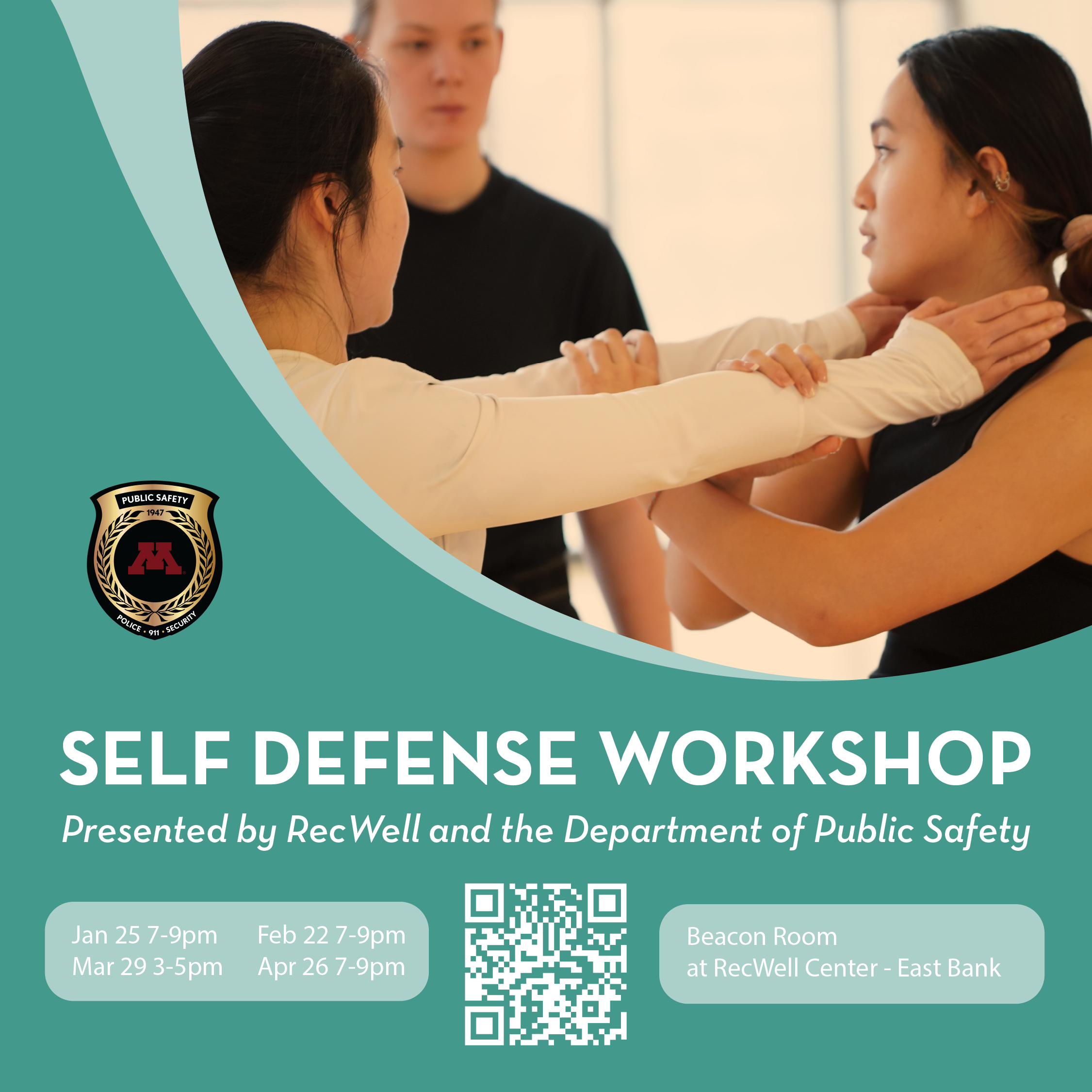 image of students participating in a self defense course with information about the spring offerings. 