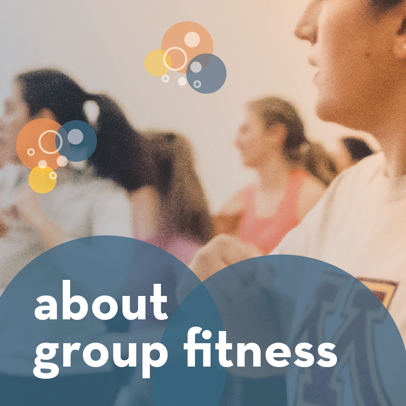 image of people doing a group fitness class with the text "about group fitness"