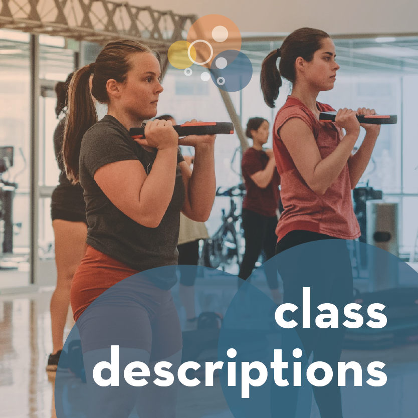 image of people completing a group fitness class with the text "class descriptions"