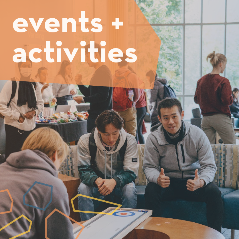 image of students playing games in the recwell lobby with the text "events + activities"