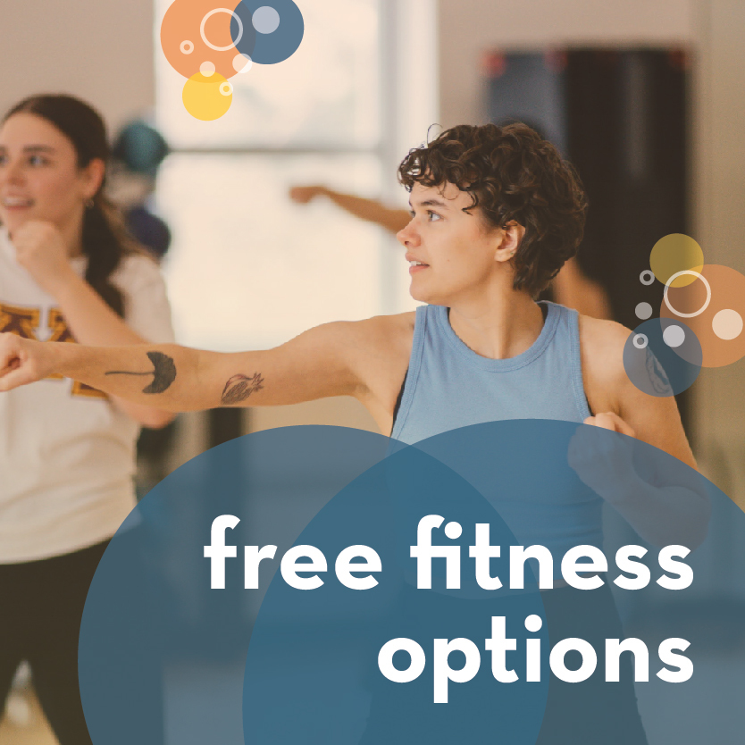 image of students doing a Les Mills on demand group fitness class with the text "Free fitness options" which leads to the free fitness options page