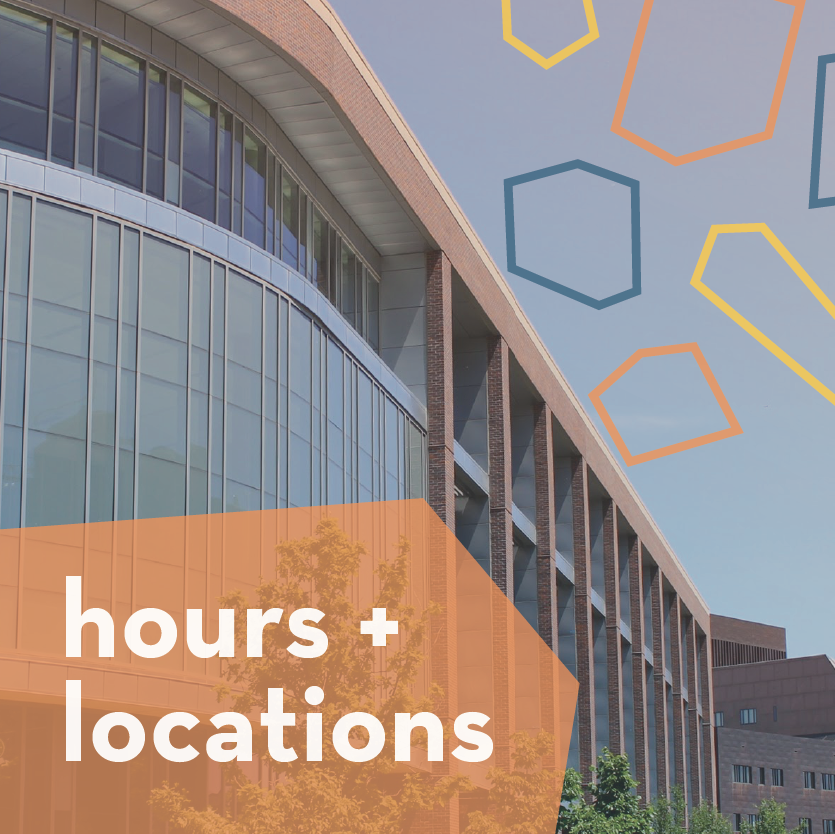 image of the outside of the rec on a sunny day with the text "hours + locations"