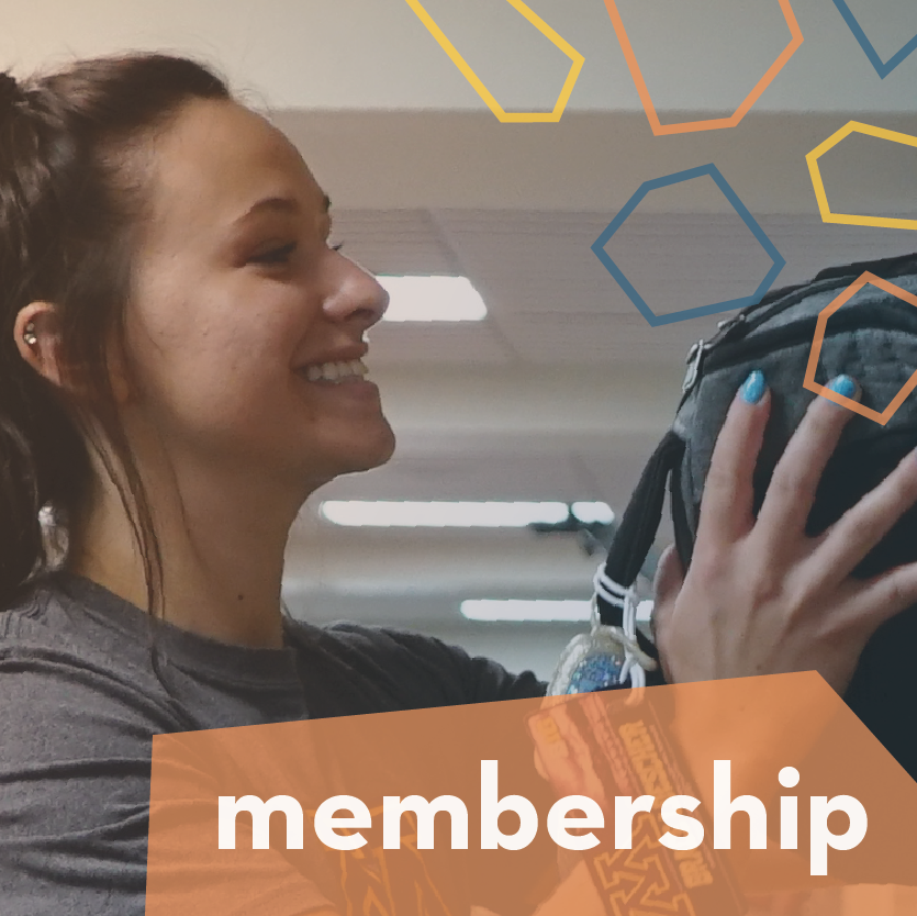 image of a student putting a backpack in a locker with the text "membership"