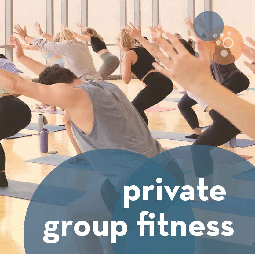 image of people in a yoga class with the text "private group fitness"