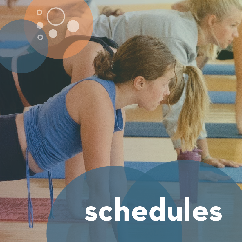 image of people in a yoga class with the text "schedules"