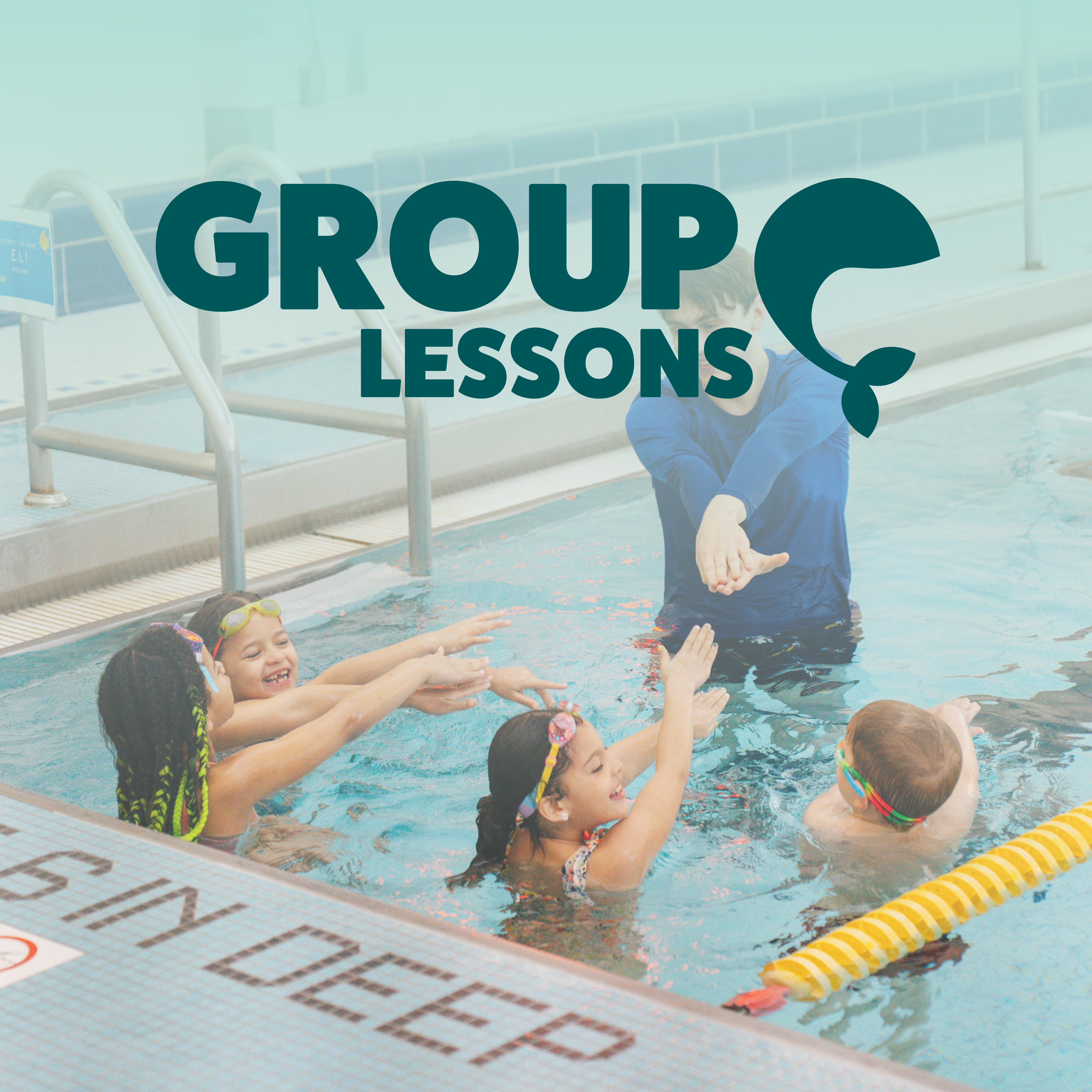 Four kids in pool with instructor with text "Group Lessons"