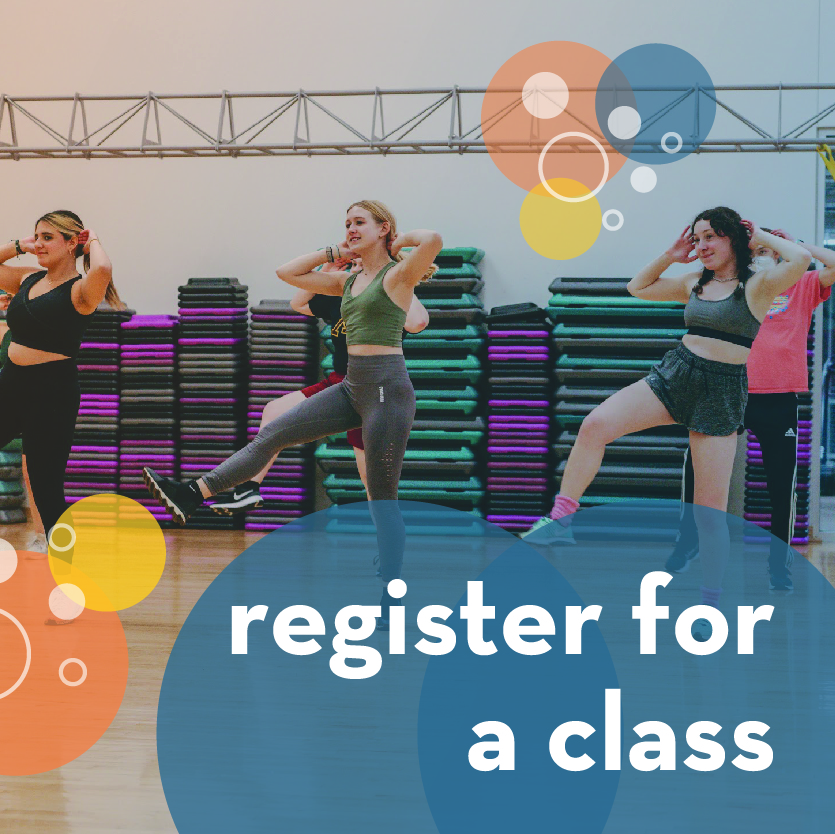 Participants exercising in a group class with text "register for a class"