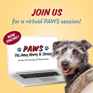 PAWS promotion, "pet away worry and stress" virtually and in person
