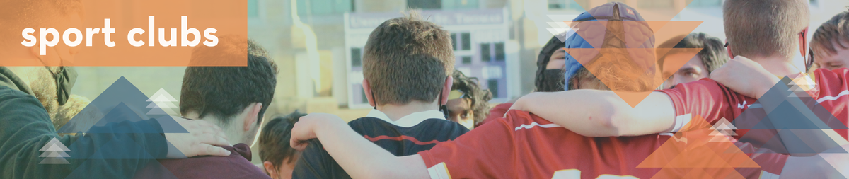 a header showing the rugby team huddled together during a break with the title "sport clubs"