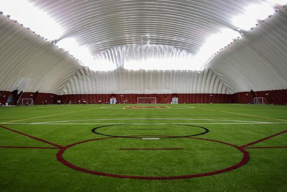 URW Sports Field Complex with the dome up, with many different sport lines painted on the field